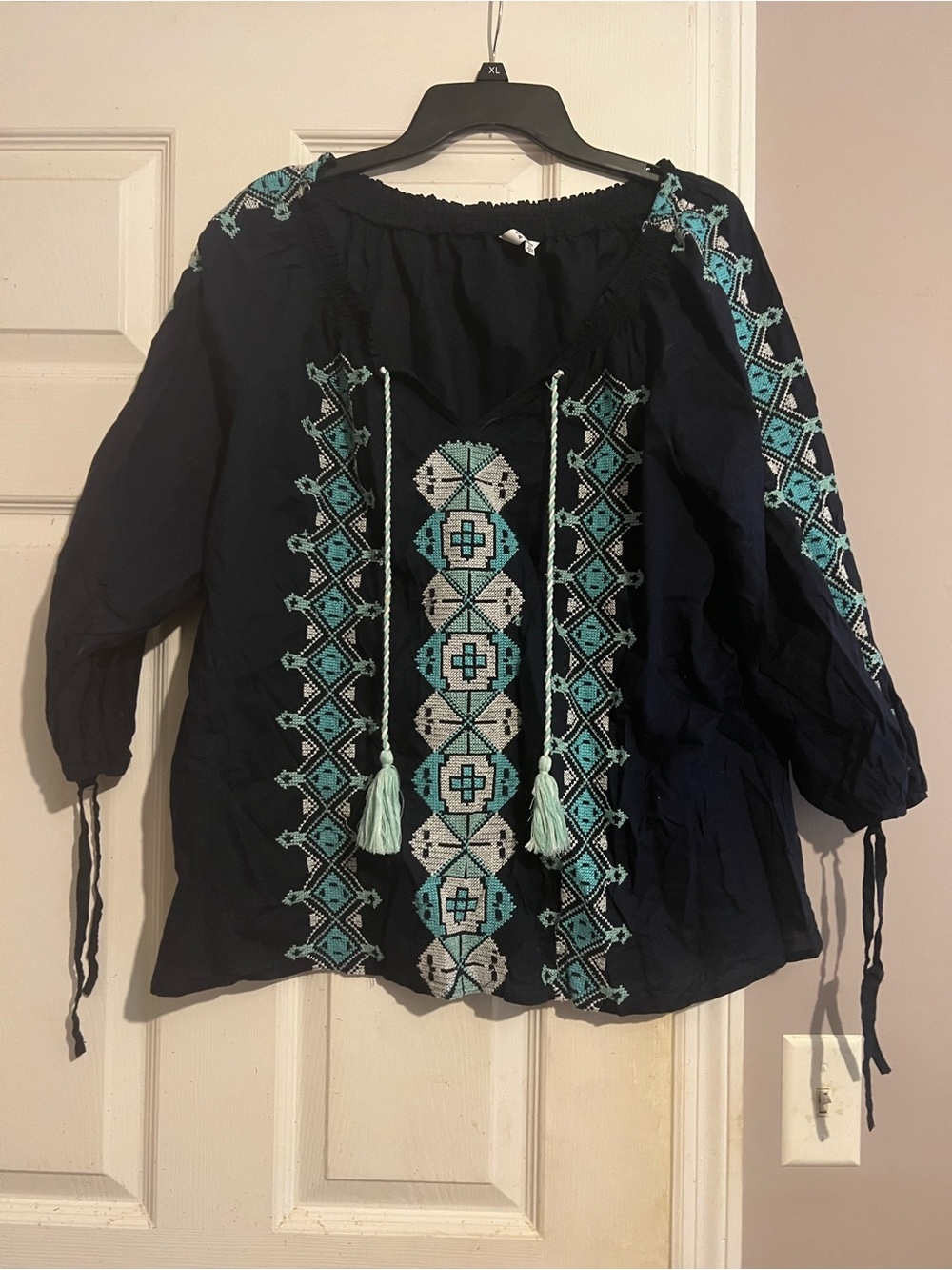 Crown & Ivy Navy Embroidered Tunic with Aqua Accents